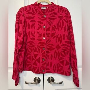 Chico’s Vintage Burnout Jacket Pink Red Mandarin Collar Button Front Size 2